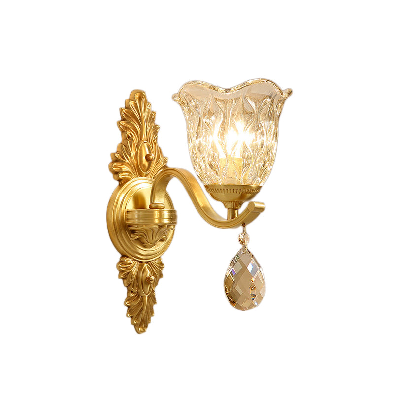 Crystal Flower Wall Mounted Lamp Retro 1 Light Gold Flush Wall Sconce for Living Room Clearhalo 'Modern wall lights' 'Modern' 'Wall Lamps & Sconces' 'Wall Lights' Lighting' 226141