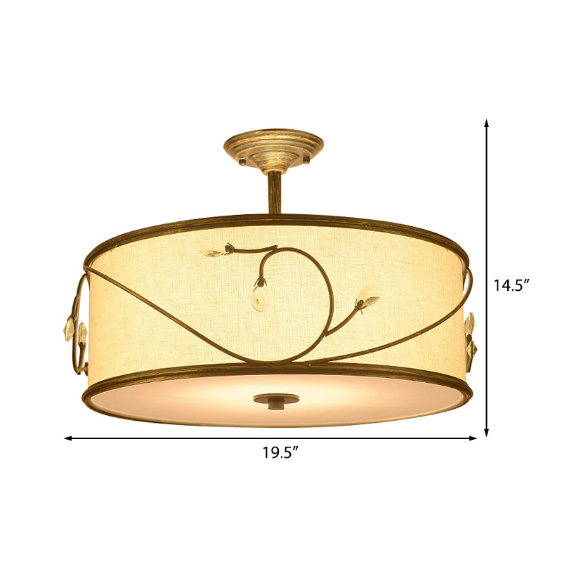 Drum Fabric Semi Mount Lighting Classic 5 Lights Living Room Ceiling Light in Flaxen, 16"/19.5" Wide Clearhalo 'Ceiling Lights' 'Close To Ceiling Lights' 'Close to ceiling' 'Semi-flushmount' Lighting' 226158