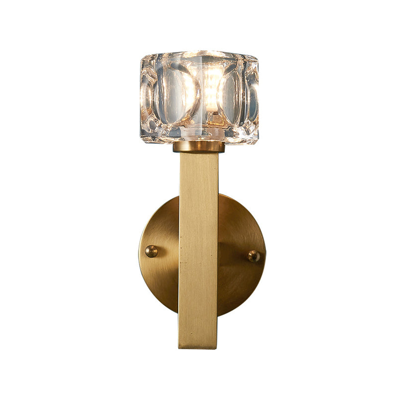 Contemporary Cube Flush Wall Sconce Crystal 1/2 Lights Sconce Light Fixture in Brass Clearhalo 'Modern wall lights' 'Modern' 'Wall Lamps & Sconces' 'Wall Lights' Lighting' 226170