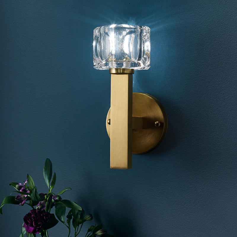 Contemporary Cube Flush Wall Sconce Crystal 1/2 Lights Sconce Light Fixture in Brass Clearhalo 'Modern wall lights' 'Modern' 'Wall Lamps & Sconces' 'Wall Lights' Lighting' 226172