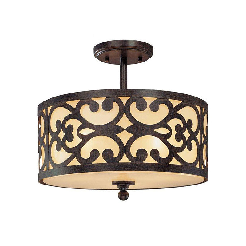 4 Lights Semi Flush Mount Traditional Drum Metal Ceiling Light in Rust for Living Room, 16"/19.5"/23.5" Wide Clearhalo 'Ceiling Lights' 'Close To Ceiling Lights' 'Close to ceiling' 'Semi-flushmount' Lighting' 226178