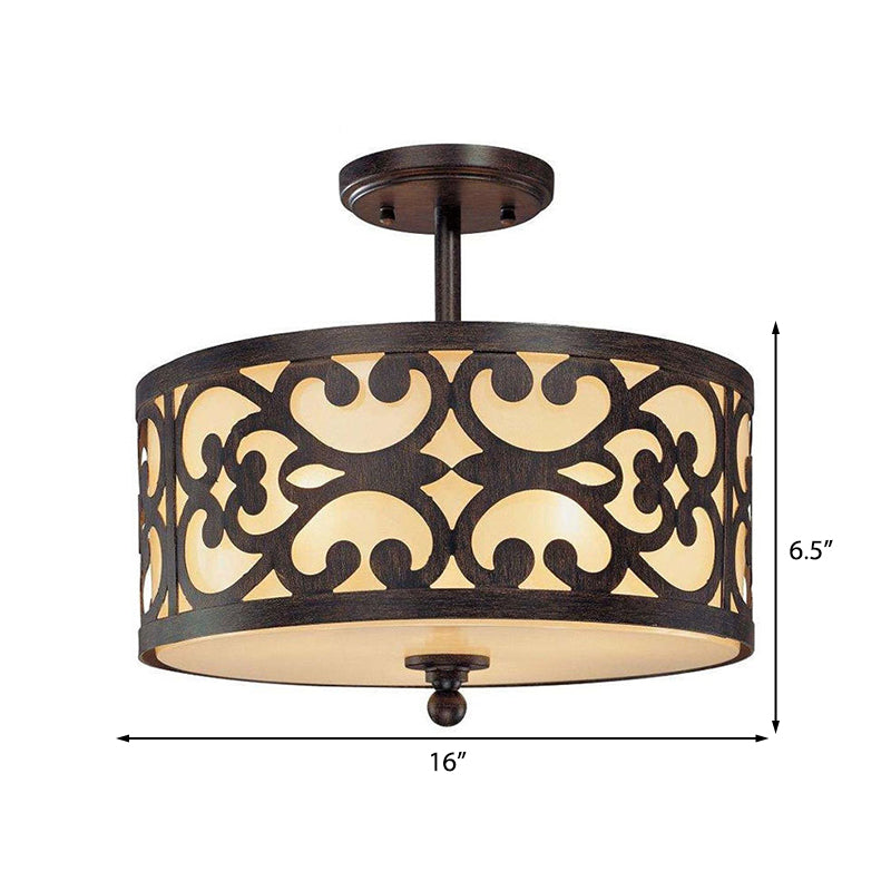 4 Lights Semi Flush Mount Traditional Drum Metal Ceiling Light in Rust for Living Room, 16"/19.5"/23.5" Wide Clearhalo 'Ceiling Lights' 'Close To Ceiling Lights' 'Close to ceiling' 'Semi-flushmount' Lighting' 226179