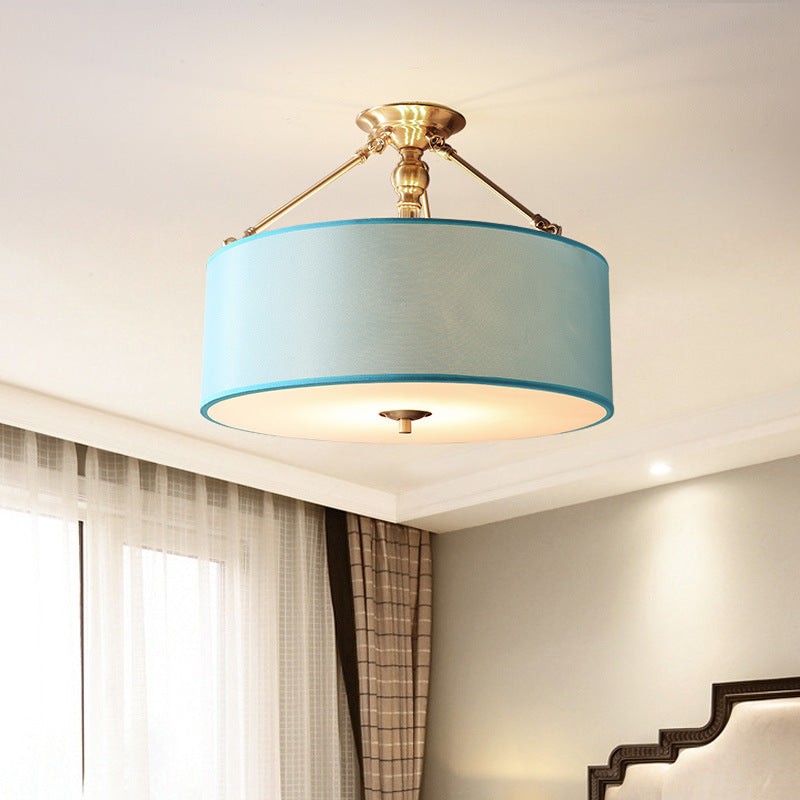 Blue 4 Lights Ceiling Mount Traditional Fabric Drum Semi Flush Light for Corridor Clearhalo 'Ceiling Lights' 'Close To Ceiling Lights' 'Close to ceiling' 'Semi-flushmount' Lighting' 226197