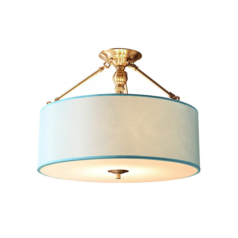 Blue 4 Lights Ceiling Mount Traditional Fabric Drum Semi Flush Light for Corridor Clearhalo 'Ceiling Lights' 'Close To Ceiling Lights' 'Close to ceiling' 'Semi-flushmount' Lighting' 226198