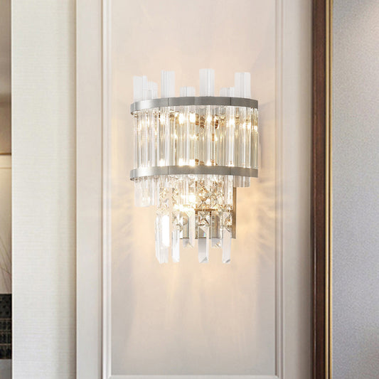 Brass/Chrome Tiered Sconce Light Wall Contemporary 3 Lights Crystal Wall Mounted Lighting for Dining Room Chrome Clearhalo 'Cast Iron' 'Glass' 'Industrial' 'Modern wall lights' 'Modern' 'Tiffany' 'Traditional wall lights' 'Wall Lamps & Sconces' 'Wall Lights' Lighting' 226207