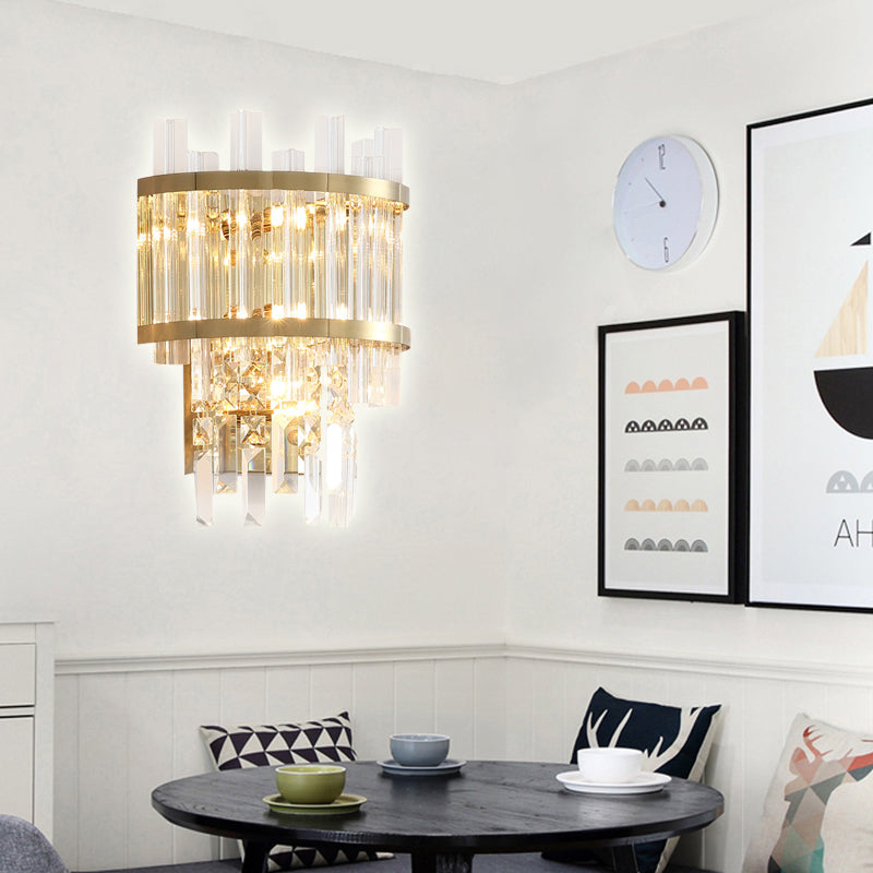 Brass/Chrome Tiered Sconce Light Wall Contemporary 3 Lights Crystal Wall Mounted Lighting for Dining Room Brass Clearhalo 'Cast Iron' 'Glass' 'Industrial' 'Modern wall lights' 'Modern' 'Tiffany' 'Traditional wall lights' 'Wall Lamps & Sconces' 'Wall Lights' Lighting' 226210
