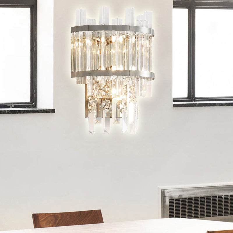 Brass/Chrome Tiered Sconce Light Wall Contemporary 3 Lights Crystal Wall Mounted Lighting for Dining Room Clearhalo 'Cast Iron' 'Glass' 'Industrial' 'Modern wall lights' 'Modern' 'Tiffany' 'Traditional wall lights' 'Wall Lamps & Sconces' 'Wall Lights' Lighting' 226211