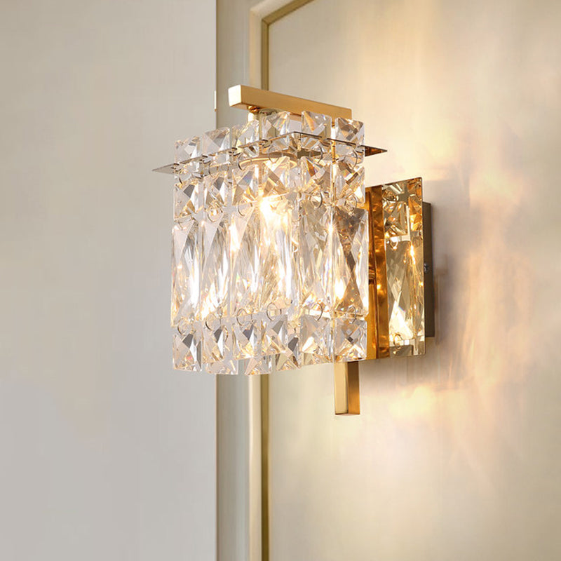 Crystal Rectangle Wall Light Modern 1/2/3 Lights Flush Mount Wall Sconce in Chrome/Gold Living Room 1.0 Gold Clearhalo 'Modern wall lights' 'Modern' 'Wall Lamps & Sconces' 'Wall Lights' Lighting' 226233