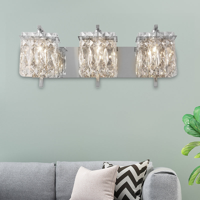 Crystal Rectangle Wall Light Modern 1/2/3 Lights Flush Mount Wall Sconce in Chrome/Gold Living Room 3.0 Chrome Clearhalo 'Modern wall lights' 'Modern' 'Wall Lamps & Sconces' 'Wall Lights' Lighting' 226234