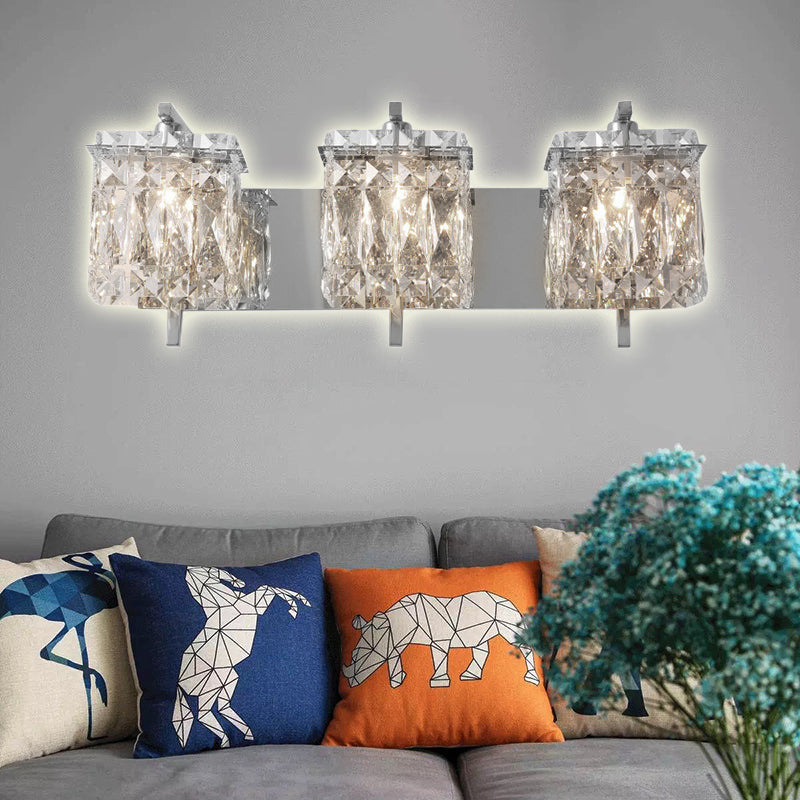 Crystal Rectangle Wall Light Modern 1/2/3 Lights Flush Mount Wall Sconce in Chrome/Gold Living Room Clearhalo 'Modern wall lights' 'Modern' 'Wall Lamps & Sconces' 'Wall Lights' Lighting' 226235