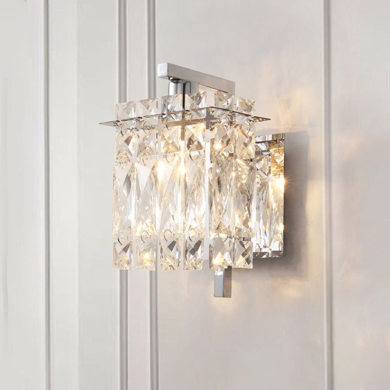 Crystal Rectangle Wall Light Modern 1/2/3 Lights Flush Mount Wall Sconce in Chrome/Gold Living Room 1.0 Chrome Clearhalo 'Modern wall lights' 'Modern' 'Wall Lamps & Sconces' 'Wall Lights' Lighting' 226237