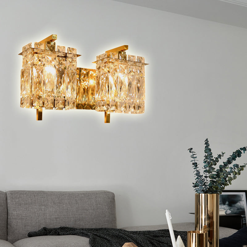 Crystal Rectangle Wall Light Modern 1/2/3 Lights Flush Mount Wall Sconce in Chrome/Gold Living Room 2.0 Gold Clearhalo 'Modern wall lights' 'Modern' 'Wall Lamps & Sconces' 'Wall Lights' Lighting' 226239