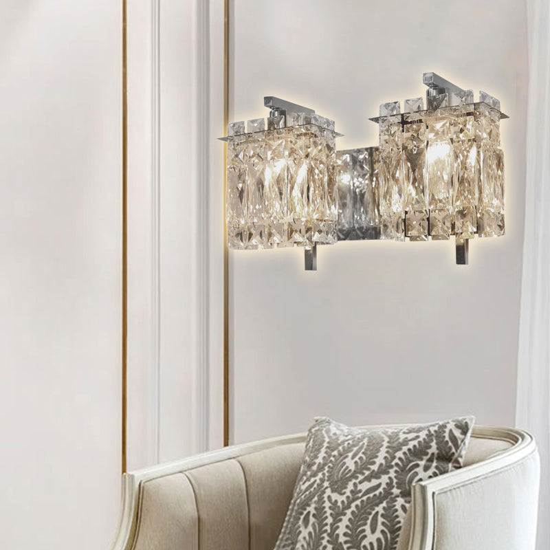 Crystal Rectangle Wall Light Modern 1/2/3 Lights Flush Mount Wall Sconce in Chrome/Gold Living Room Clearhalo 'Modern wall lights' 'Modern' 'Wall Lamps & Sconces' 'Wall Lights' Lighting' 226241