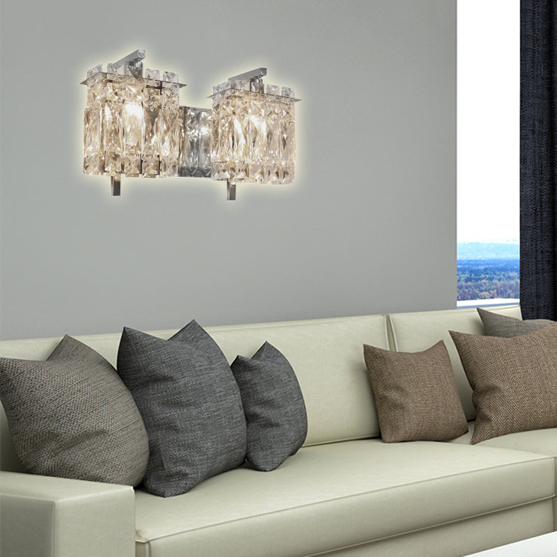 Crystal Rectangle Wall Light Modern 1/2/3 Lights Flush Mount Wall Sconce in Chrome/Gold Living Room 2.0 Chrome Clearhalo 'Modern wall lights' 'Modern' 'Wall Lamps & Sconces' 'Wall Lights' Lighting' 226242