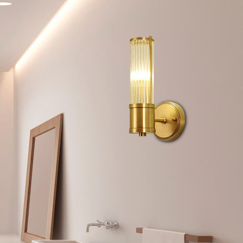 1/2 Lights Hallway Wall Sconce Lighting Contemporary Brass Wall Mount Light Fixture with Cylinder Crystal Shade Clearhalo 'Modern wall lights' 'Modern' 'Wall Lamps & Sconces' 'Wall Lights' Lighting' 226250