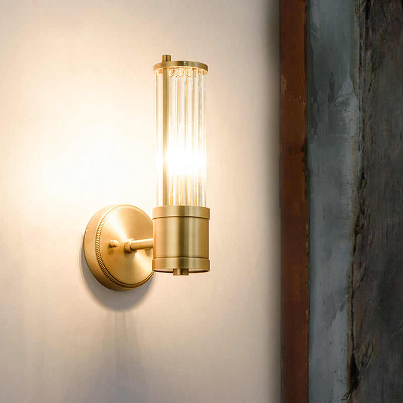 1/2 Lights Hallway Wall Sconce Lighting Contemporary Brass Wall Mount Light Fixture with Cylinder Crystal Shade 1.0 Brass Clearhalo 'Modern wall lights' 'Modern' 'Wall Lamps & Sconces' 'Wall Lights' Lighting' 226259