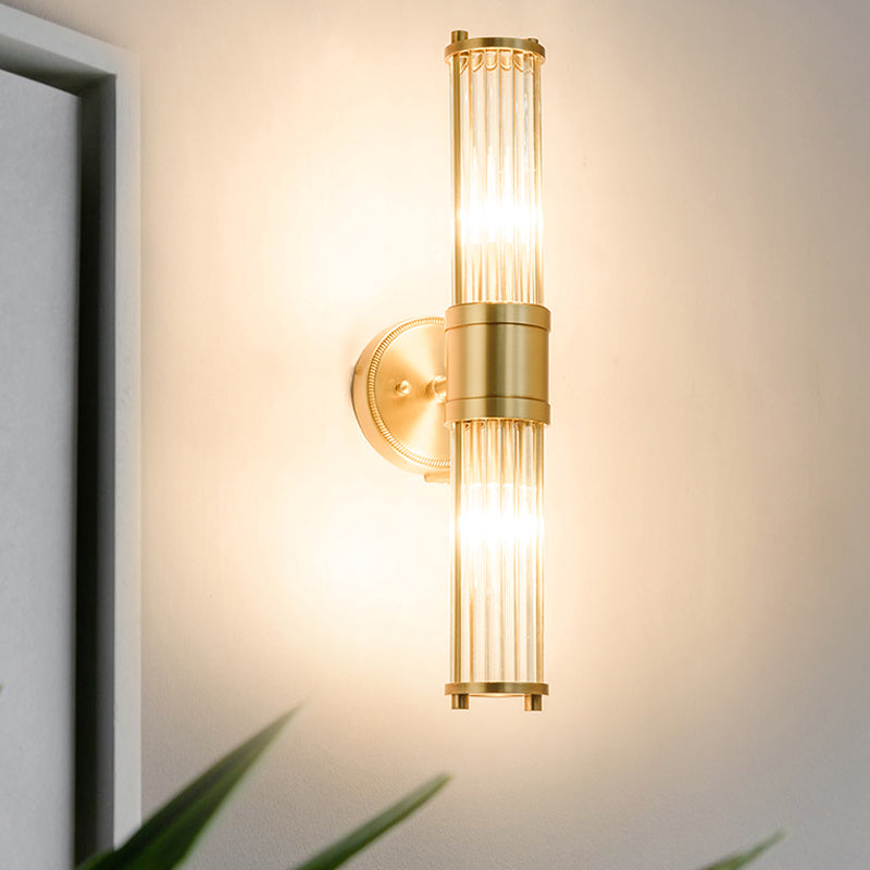 1/2 Lights Hallway Wall Sconce Lighting Contemporary Brass Wall Mount Light Fixture with Cylinder Crystal Shade Clearhalo 'Modern wall lights' 'Modern' 'Wall Lamps & Sconces' 'Wall Lights' Lighting' 226260