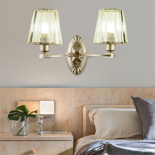 Gold Tapered Flush Mount Wall Sconce Nordic 1/2 Lights Crystal Wall Light Fixture for Bedside 2.0 Gold Clearhalo 'Cast Iron' 'Glass' 'Industrial' 'Modern wall lights' 'Modern' 'Tiffany' 'Traditional wall lights' 'Wall Lamps & Sconces' 'Wall Lights' Lighting' 226281