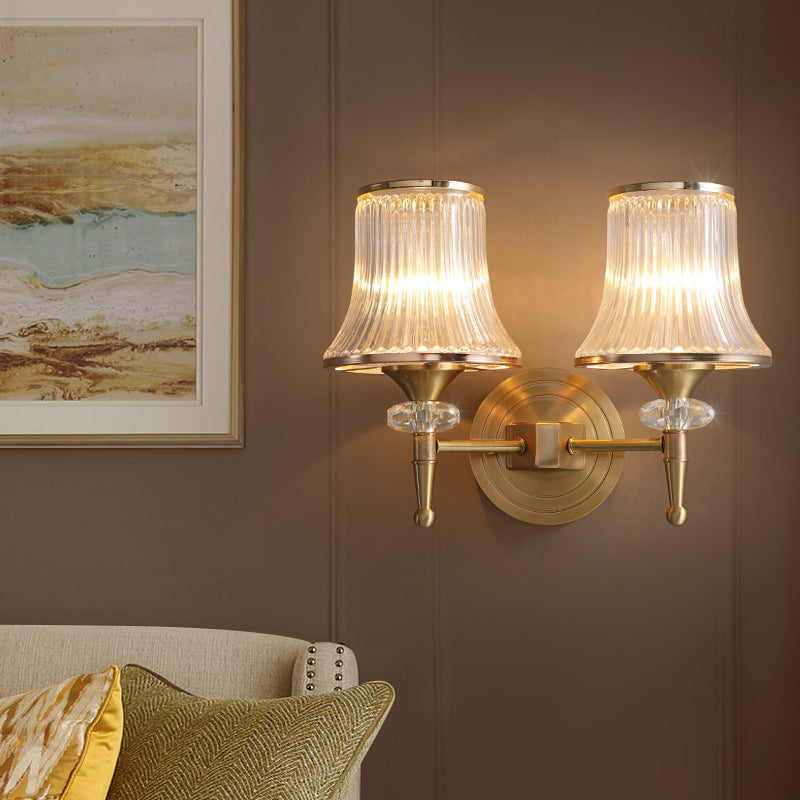 Crystal Ribbed Wall Mounted Lamp Mid-Century 1/2 Lights Brass Flush Wall Sconce for Living Room Clearhalo 'Modern wall lights' 'Modern' 'Wall Lamps & Sconces' 'Wall Lights' Lighting' 226282