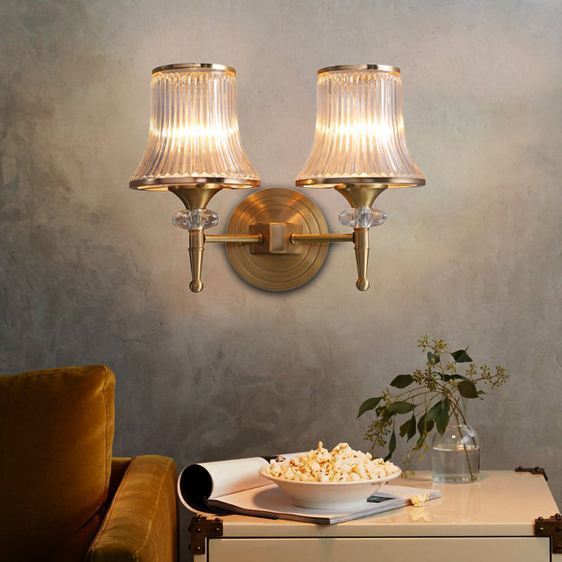 Crystal Ribbed Wall Mounted Lamp Mid-Century 1/2 Lights Brass Flush Wall Sconce for Living Room 2.0 Brass Clearhalo 'Modern wall lights' 'Modern' 'Wall Lamps & Sconces' 'Wall Lights' Lighting' 226291