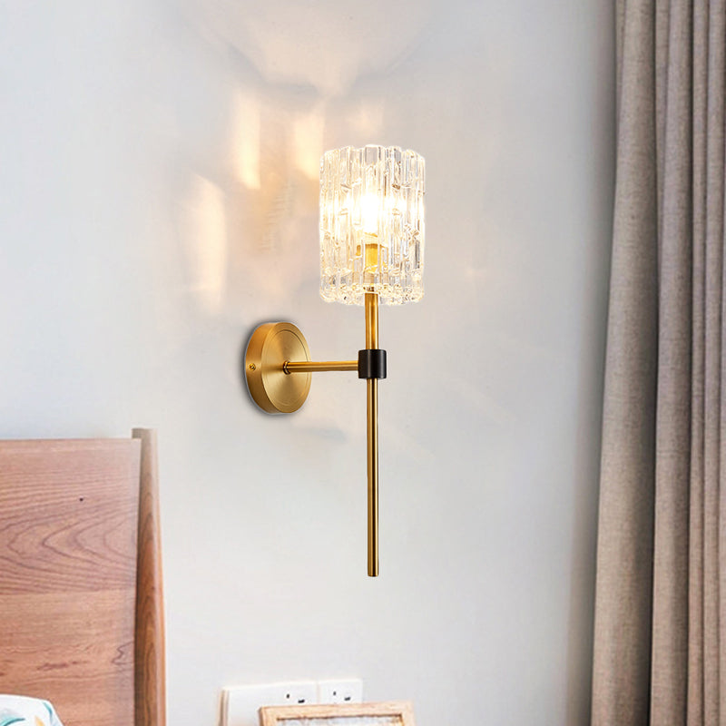 Crystal Cylindrical Wall Sconce Minimalism 1/2 Lights Brass Sconce Light Fixture for Living Room Clearhalo 'Modern wall lights' 'Modern' 'Wall Lamps & Sconces' 'Wall Lights' Lighting' 226303