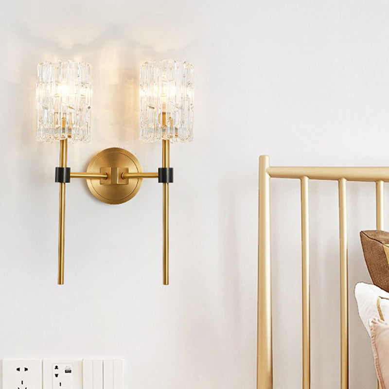 Crystal Cylindrical Wall Sconce Minimalism 1/2 Lights Brass Sconce Light Fixture for Living Room 2.0 Brass Clearhalo 'Modern wall lights' 'Modern' 'Wall Lamps & Sconces' 'Wall Lights' Lighting' 226308