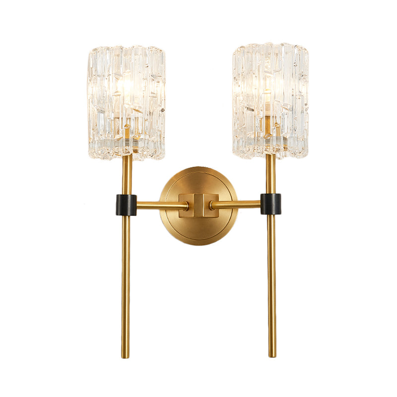 Crystal Cylindrical Wall Sconce Minimalism 1/2 Lights Brass Sconce Light Fixture for Living Room Clearhalo 'Modern wall lights' 'Modern' 'Wall Lamps & Sconces' 'Wall Lights' Lighting' 226310