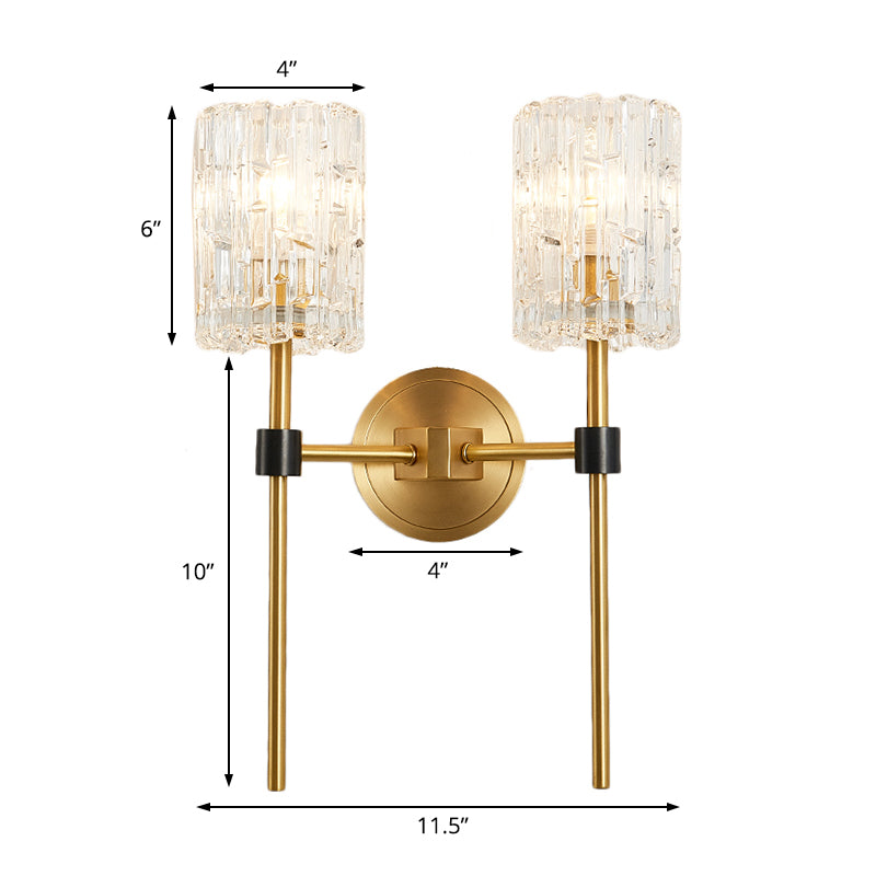 Crystal Cylindrical Wall Sconce Minimalism 1/2 Lights Brass Sconce Light Fixture for Living Room Clearhalo 'Modern wall lights' 'Modern' 'Wall Lamps & Sconces' 'Wall Lights' Lighting' 226311