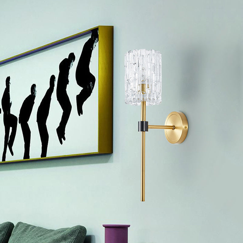 Crystal Cylindrical Wall Sconce Minimalism 1/2 Lights Brass Sconce Light Fixture for Living Room 1.0 Brass Clearhalo 'Modern wall lights' 'Modern' 'Wall Lamps & Sconces' 'Wall Lights' Lighting' 226312