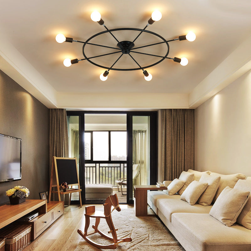 Black Wheel Semi Flush Light Traditional Metal 8 Lights Living Room Ceiling Mounted Fixture Clearhalo 'Ceiling Lights' 'Close To Ceiling Lights' 'Close to ceiling' 'Semi-flushmount' Lighting' 226337