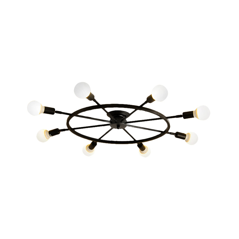 Black Wheel Semi Flush Light Traditional Metal 8 Lights Living Room Ceiling Mounted Fixture Clearhalo 'Ceiling Lights' 'Close To Ceiling Lights' 'Close to ceiling' 'Semi-flushmount' Lighting' 226338