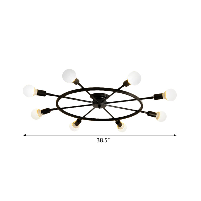 Black Wheel Semi Flush Light Traditional Metal 8 Lights Living Room Ceiling Mounted Fixture Clearhalo 'Ceiling Lights' 'Close To Ceiling Lights' 'Close to ceiling' 'Semi-flushmount' Lighting' 226339