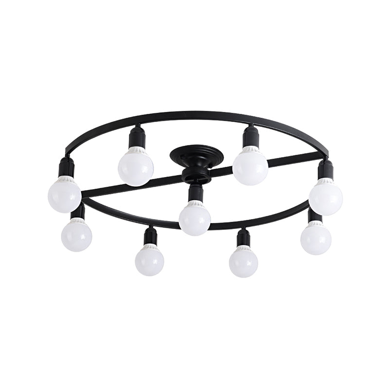 Black Bare Bulb Semi Flush Mount Classic Metal 7/9 Lights Living Room Ceiling Light Fixture Clearhalo 'Ceiling Lights' 'Close To Ceiling Lights' 'Close to ceiling' 'Semi-flushmount' Lighting' 226355