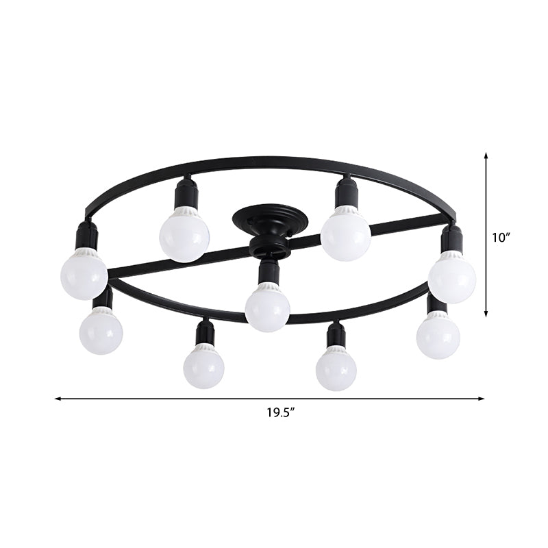 Black Bare Bulb Semi Flush Mount Classic Metal 7/9 Lights Living Room Ceiling Light Fixture Clearhalo 'Ceiling Lights' 'Close To Ceiling Lights' 'Close to ceiling' 'Semi-flushmount' Lighting' 226356