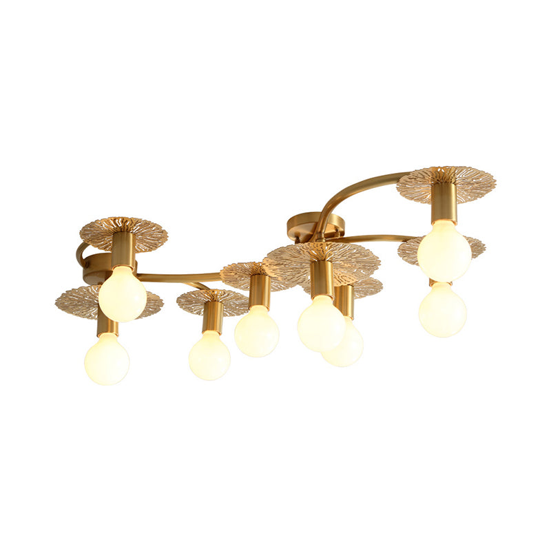 6/8 Lights Flat Semi Flush Lighting Traditional Brass Metal Ceiling Mount for Living Room Clearhalo 'Ceiling Lights' 'Close To Ceiling Lights' 'Close to ceiling' 'Semi-flushmount' Lighting' 226368