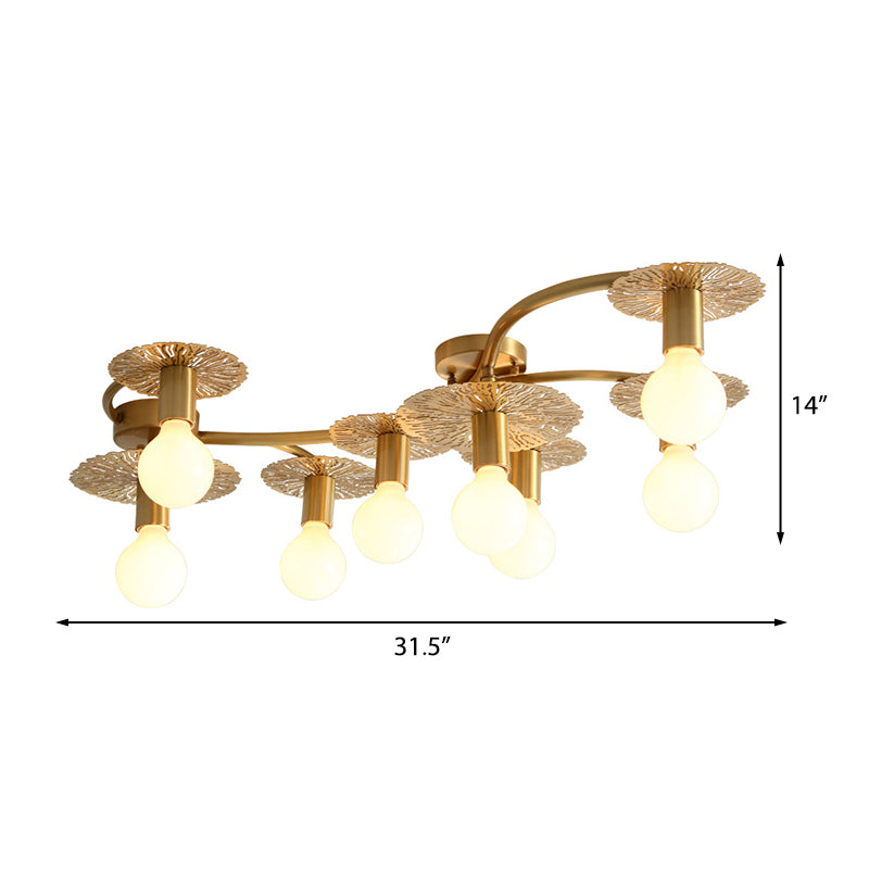 6/8 Lights Flat Semi Flush Lighting Traditional Brass Metal Ceiling Mount for Living Room Clearhalo 'Ceiling Lights' 'Close To Ceiling Lights' 'Close to ceiling' 'Semi-flushmount' Lighting' 226369