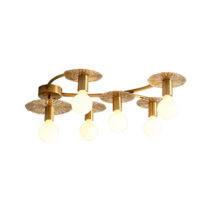 6/8 Lights Flat Semi Flush Lighting Traditional Brass Metal Ceiling Mount for Living Room Clearhalo 'Ceiling Lights' 'Close To Ceiling Lights' 'Close to ceiling' 'Semi-flushmount' Lighting' 226372