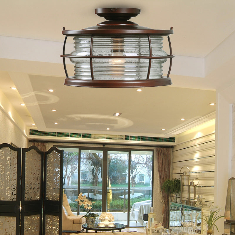 Caged Metal Semi Mount Lighting Classic 1 Light Living Room Ceiling Light in Dark Coffee Dark Coffee Clearhalo 'Ceiling Lights' 'Close To Ceiling Lights' 'Close to ceiling' 'Semi-flushmount' Lighting' 226388