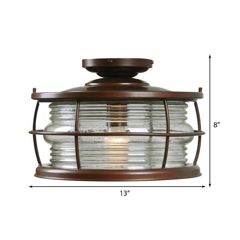 Caged Metal Semi Mount Lighting Classic 1 Light Living Room Ceiling Light in Dark Coffee Clearhalo 'Ceiling Lights' 'Close To Ceiling Lights' 'Close to ceiling' 'Semi-flushmount' Lighting' 226391