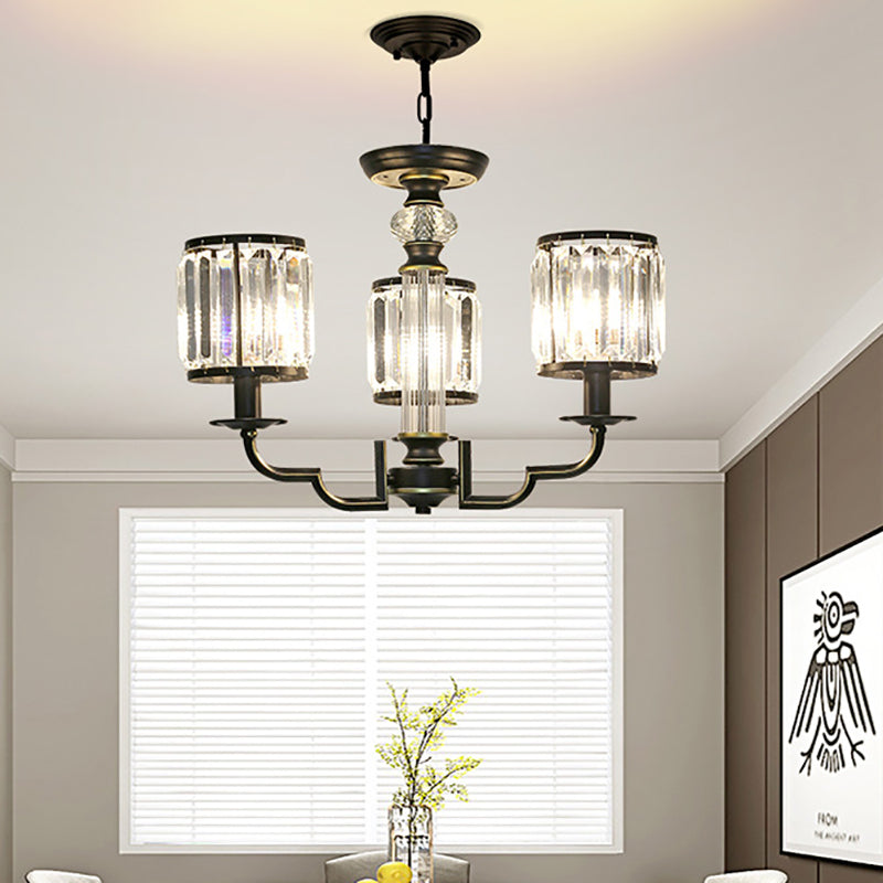 Black Cylinder Chandelier Contemporary Crystal 3/6 Lights Hanging Pendant Light with Adjustable Chain 3 Black Clearhalo 'Ceiling Lights' 'Chandeliers' 'Modern Chandeliers' 'Modern' Lighting' 226450