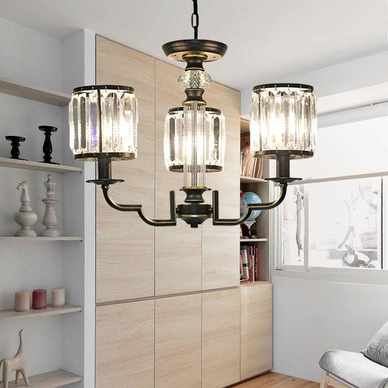 Black Cylinder Chandelier Contemporary Crystal 3/6 Lights Hanging Pendant Light with Adjustable Chain Clearhalo 'Ceiling Lights' 'Chandeliers' 'Modern Chandeliers' 'Modern' Lighting' 226455