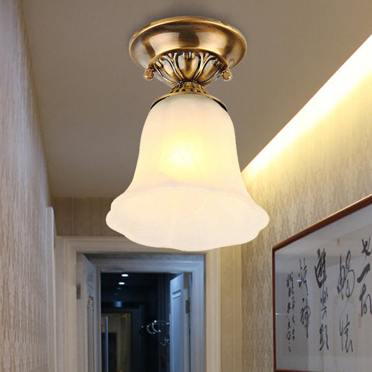 1 Light White Glass Ceiling Light Fixture Classic Brass Bell Living Room Flush Mount White Clearhalo 'Ceiling Lights' 'Close To Ceiling Lights' 'Close to ceiling' 'Flush mount' Lighting' 226468