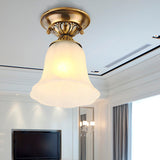 1 Light White Glass Ceiling Light Fixture Classic Brass Bell Living Room Flush Mount Clearhalo 'Ceiling Lights' 'Close To Ceiling Lights' 'Close to ceiling' 'Flush mount' Lighting' 226469