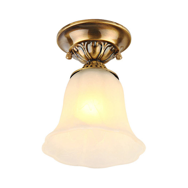 1 Light White Glass Ceiling Light Fixture Classic Brass Bell Living Room Flush Mount Clearhalo 'Ceiling Lights' 'Close To Ceiling Lights' 'Close to ceiling' 'Flush mount' Lighting' 226470