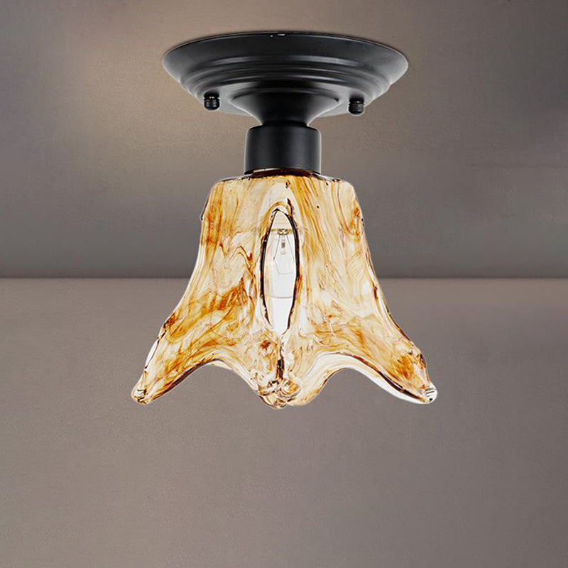 Black Flower Shape Flush Mount Lamp Classic Tan Textured Glass 1 Light Living Room Ceiling Light Fixture Clearhalo 'Ceiling Lights' 'Close To Ceiling Lights' 'Close to ceiling' 'Flush mount' Lighting' 226483