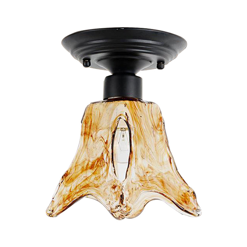 Black Flower Shape Flush Mount Lamp Classic Tan Textured Glass 1 Light Living Room Ceiling Light Fixture Clearhalo 'Ceiling Lights' 'Close To Ceiling Lights' 'Close to ceiling' 'Flush mount' Lighting' 226484