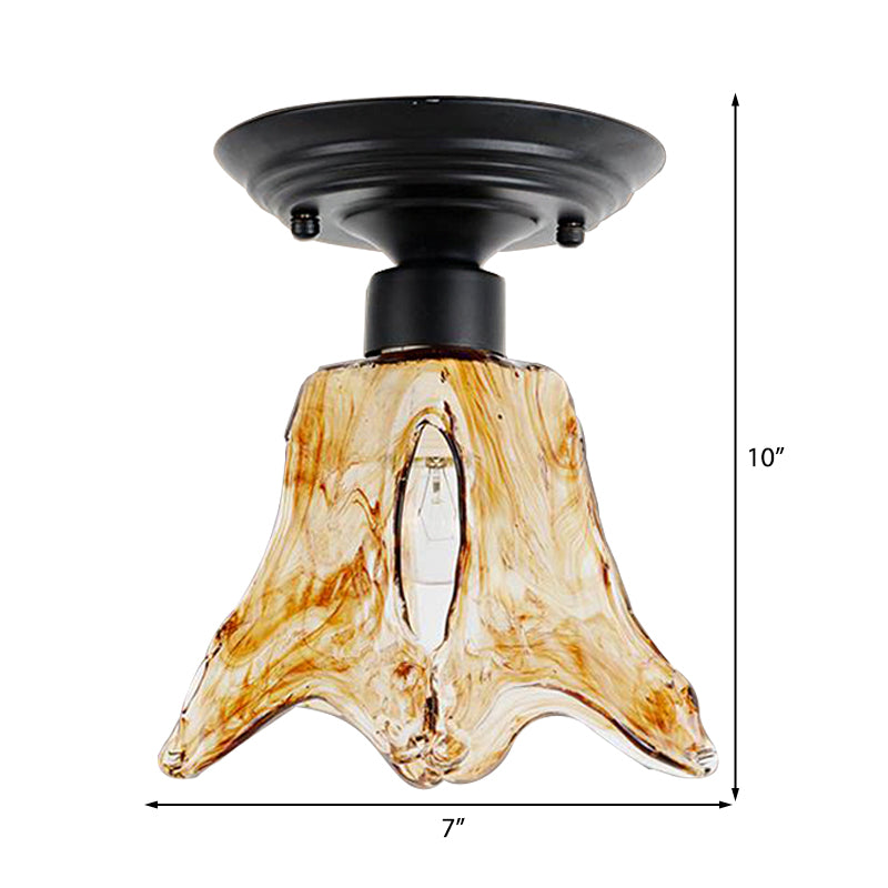 Black Flower Shape Flush Mount Lamp Classic Tan Textured Glass 1 Light Living Room Ceiling Light Fixture Clearhalo 'Ceiling Lights' 'Close To Ceiling Lights' 'Close to ceiling' 'Flush mount' Lighting' 226485