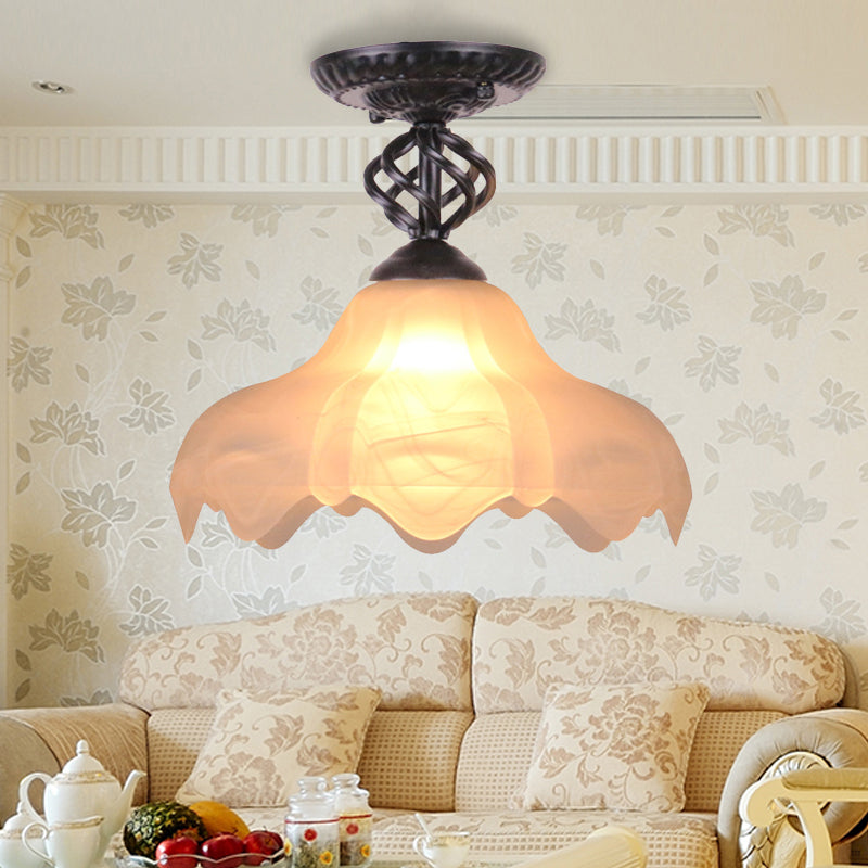 1 Light Semi Flush Mount Traditional Scalloped Frosted Glass Ceiling Light in Black/White for Bedroom Black Clearhalo 'Ceiling Lights' 'Close To Ceiling Lights' 'Close to ceiling' 'Glass shade' 'Glass' 'Semi-flushmount' Lighting' 226494