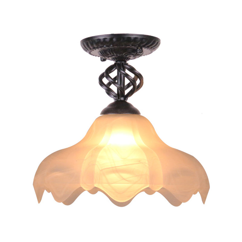 1 Light Semi Flush Mount Traditional Scalloped Frosted Glass Ceiling Light in Black/White for Bedroom Clearhalo 'Ceiling Lights' 'Close To Ceiling Lights' 'Close to ceiling' 'Glass shade' 'Glass' 'Semi-flushmount' Lighting' 226496