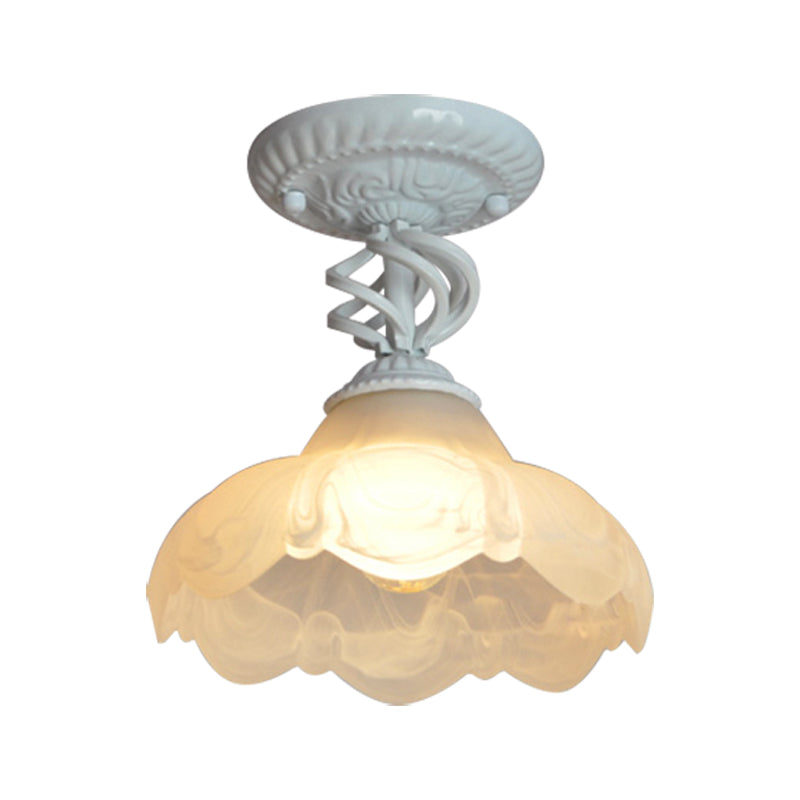 1 Light Semi Flush Mount Traditional Scalloped Frosted Glass Ceiling Light in Black/White for Bedroom Clearhalo 'Ceiling Lights' 'Close To Ceiling Lights' 'Close to ceiling' 'Glass shade' 'Glass' 'Semi-flushmount' Lighting' 226499